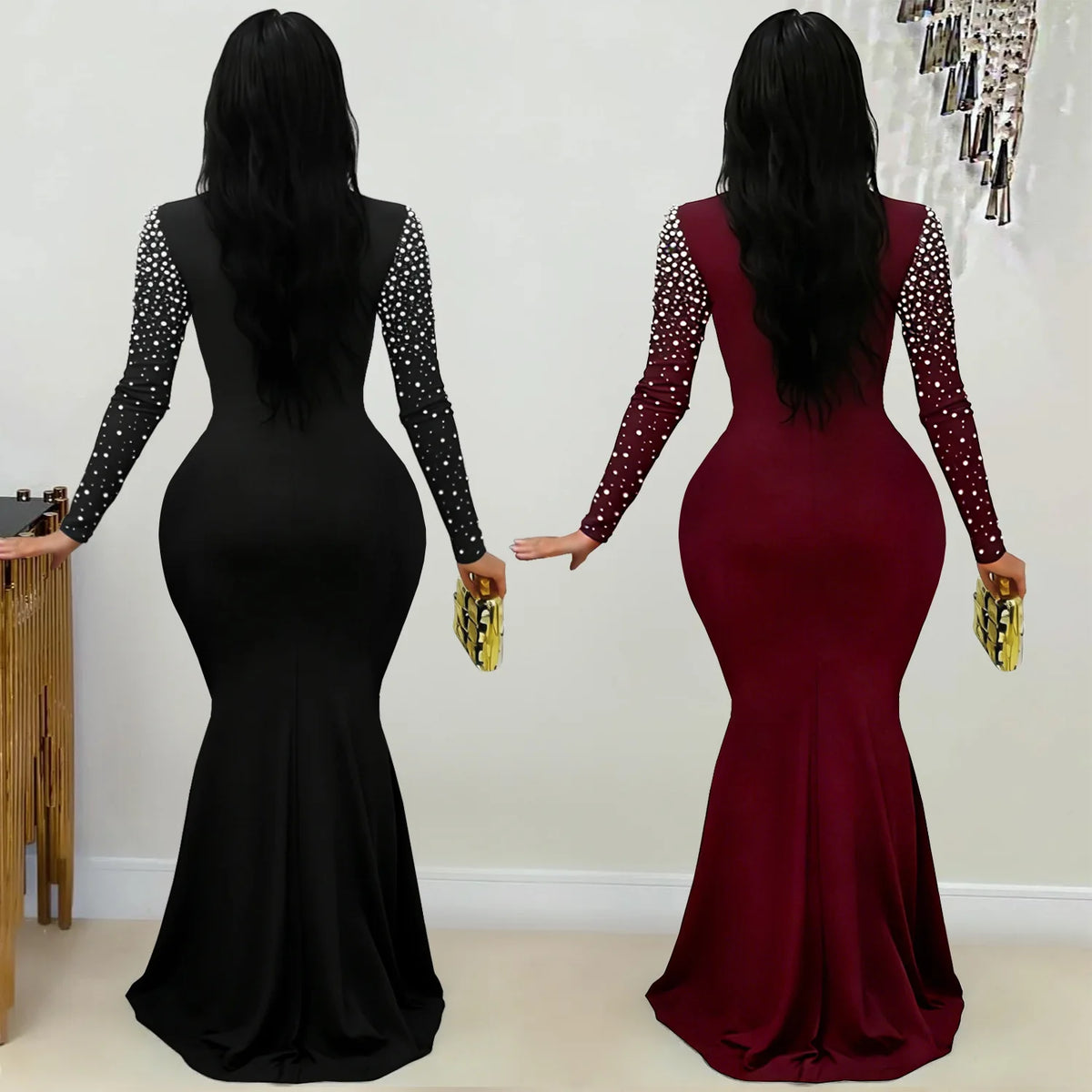 Elegant long women's dress by JN Fashion Fusion featuring beadwork, mock neck, full sleeves, and a hip wrap for party nights.