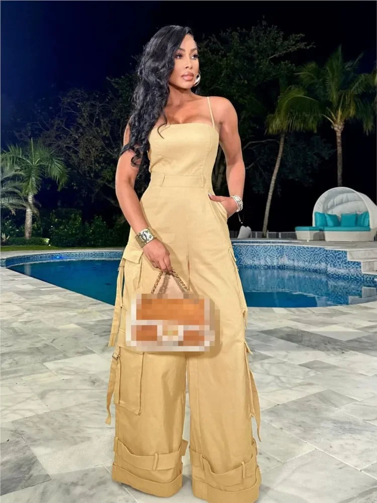 Spring Summer New Women's Sexy Sleeveless Skincare Casual Multi Pocket Workwear Jumpsuit Wide Leg Jumpsuit - JN Fashion Fusion