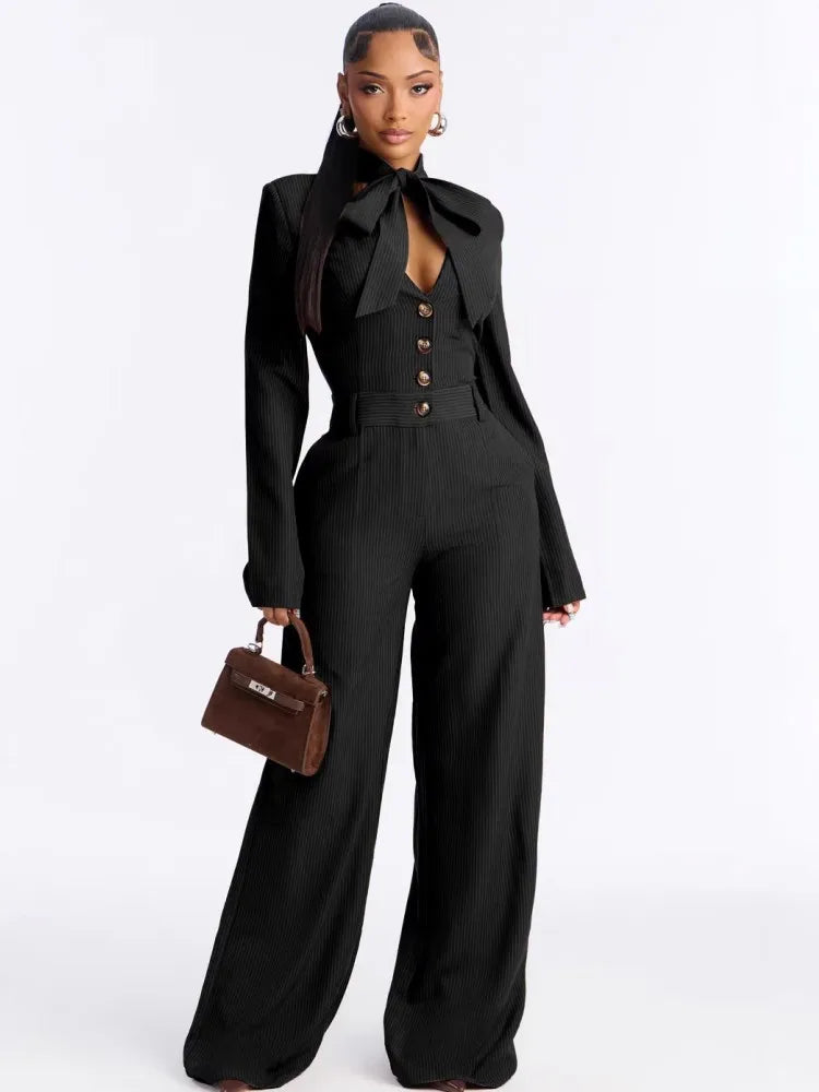 Solid Women Jumpsuits For Spring Summer Long Sleeve V-Neck Balck Jumpsuits Fashion Streetwear Overalls Pants Trousers 2026 - JN Fashion Fusion