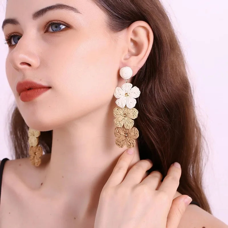 Raffia Flower Earrings for Women Mom, Raffia Straw Wrapped Flower Drop Dangle Earrings Summer Tropical Beach Jewelry Gifts - JN Fashion Fusion