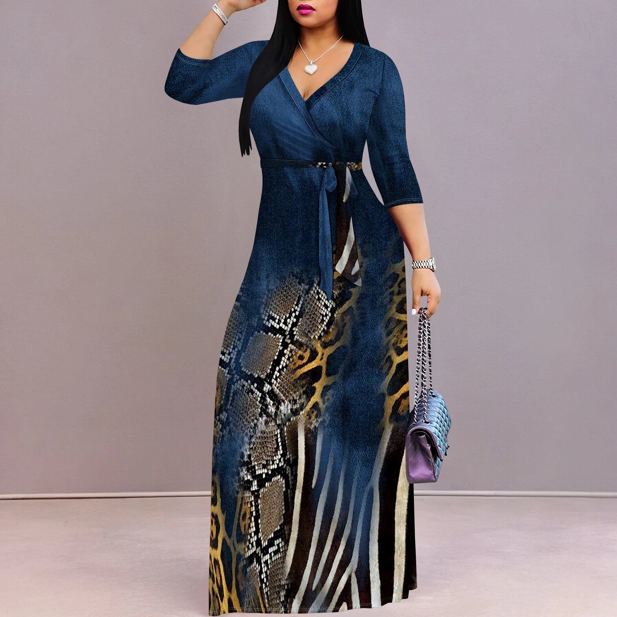 Women's 3/4 Sleeve V Neck Women With Pocket and Bel Long Dress Fashion Printed Split Hem Club Party Casual Vacation Maxi Dress - JN Fashion Fusion