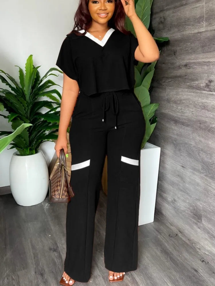 Elegant Women's Casual Short Sleeve T-shirt Sports Suit Summer Fashion Solid V Neck Short Top & Straight Pants Two Piece Sets - JN Fashion Fusion