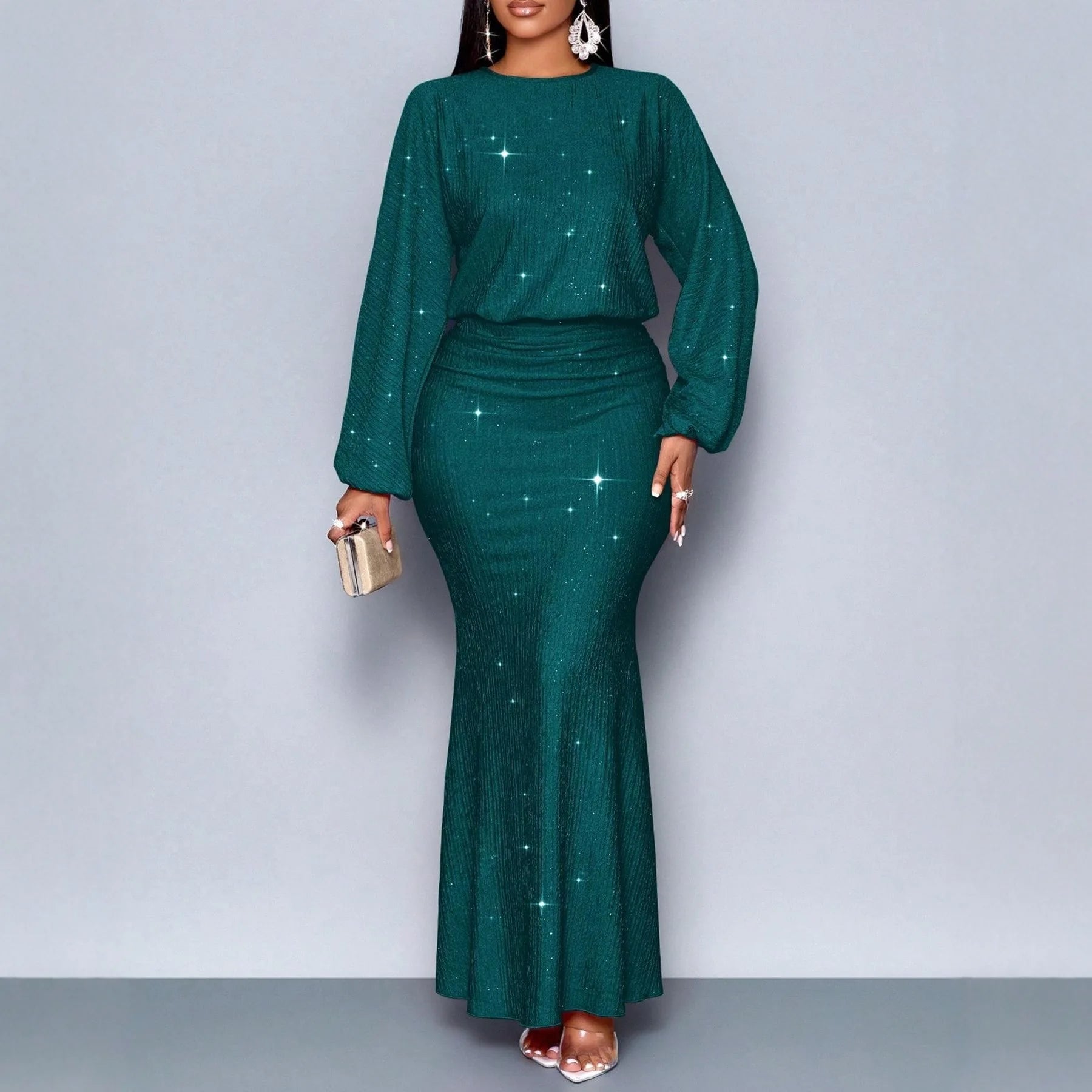 Fashion Shiny Women's Dress Spring Autumn O-neck  Long Sleeve Slim Hips Banquet Long Dress Female Pleated Party Fishtail Dresses - JN Fashion Fusion