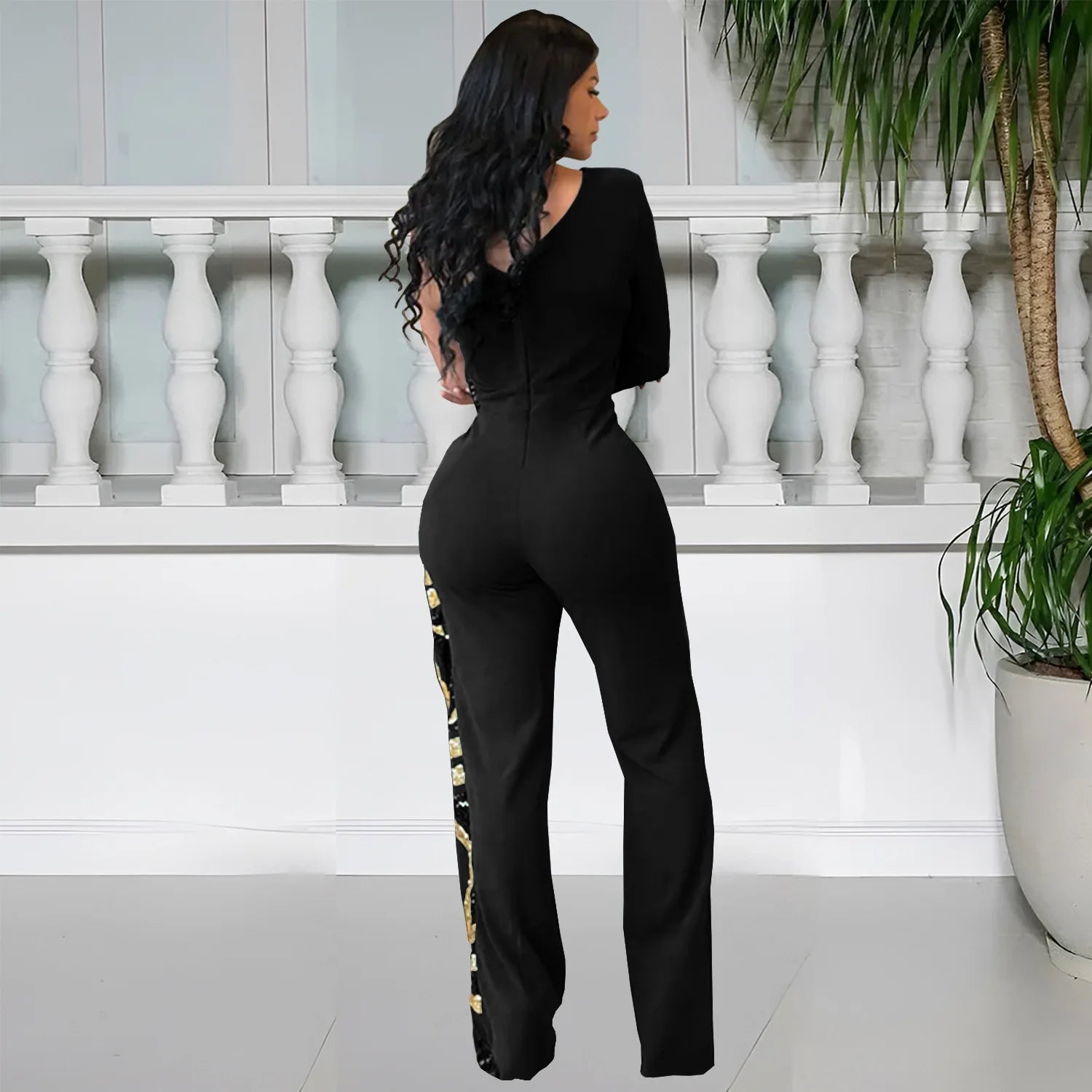 CM.YAYA Women One Long Sleeve Strapless Sequined Wide Leg Jumpsuits 2025 Summer Evening Party One Piece Set Romper Playsuit - JN Fashion Fusion