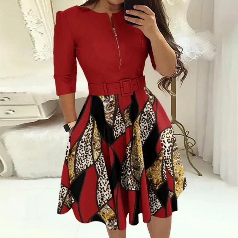 Fashion Women Patchwork A-line Dresses Autumn/Winter Round Neck Printed Belt Party Dress Elegant Office Lady Zipper Dress - JN Fashion Fusion