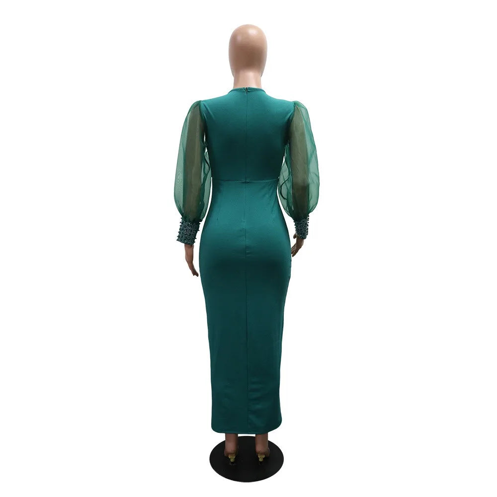 Sexy Nightclub Party Dance Gathering Club Banquet Rhinestone Puff Sleeve Stretch V-Neck Long Dress