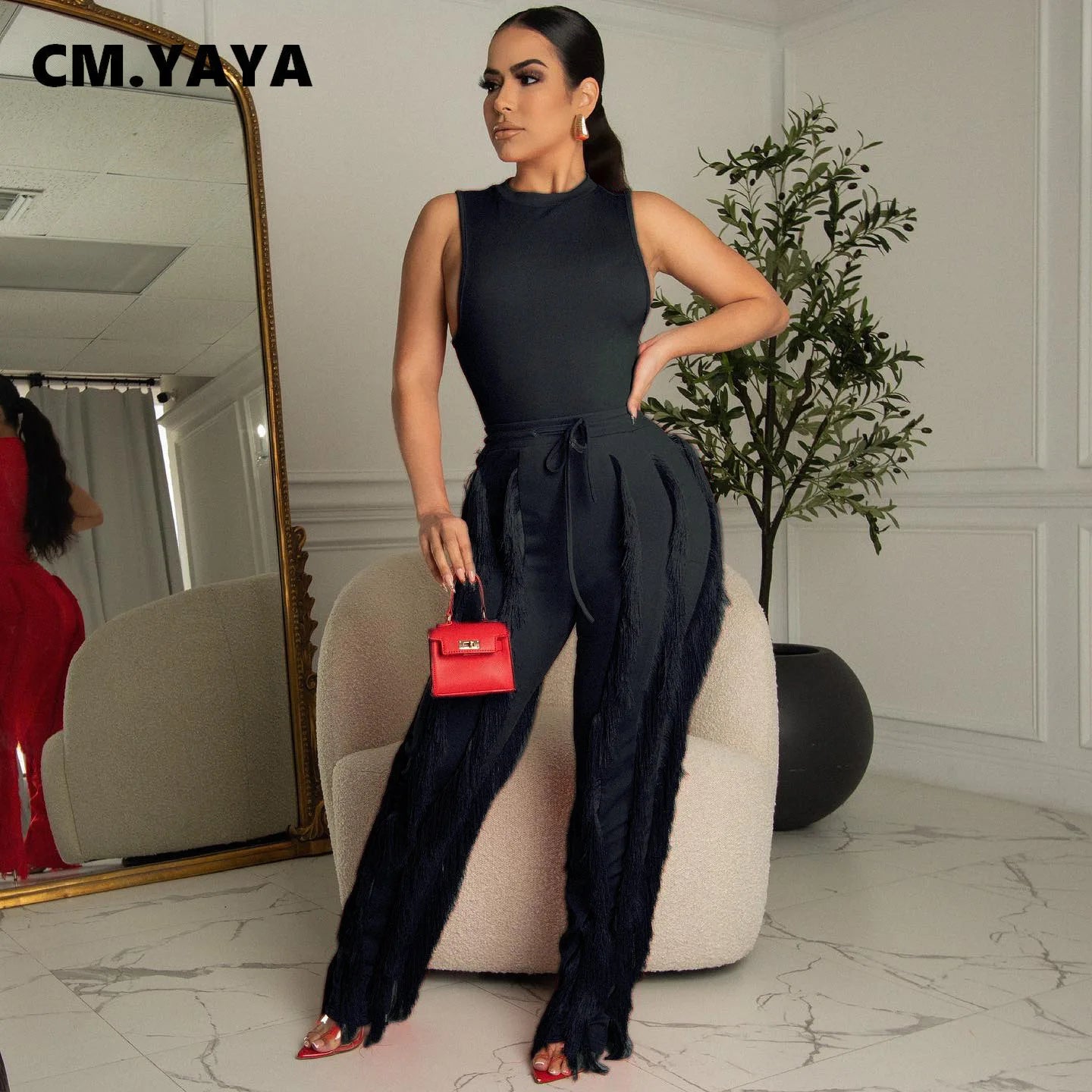 Elegant Women's Tracksuit Tank Top and Tassel Side Straight Pants Suit Streetwear 2026 INS Two 2 Piece Set Outfits - JN Fashion Fusion