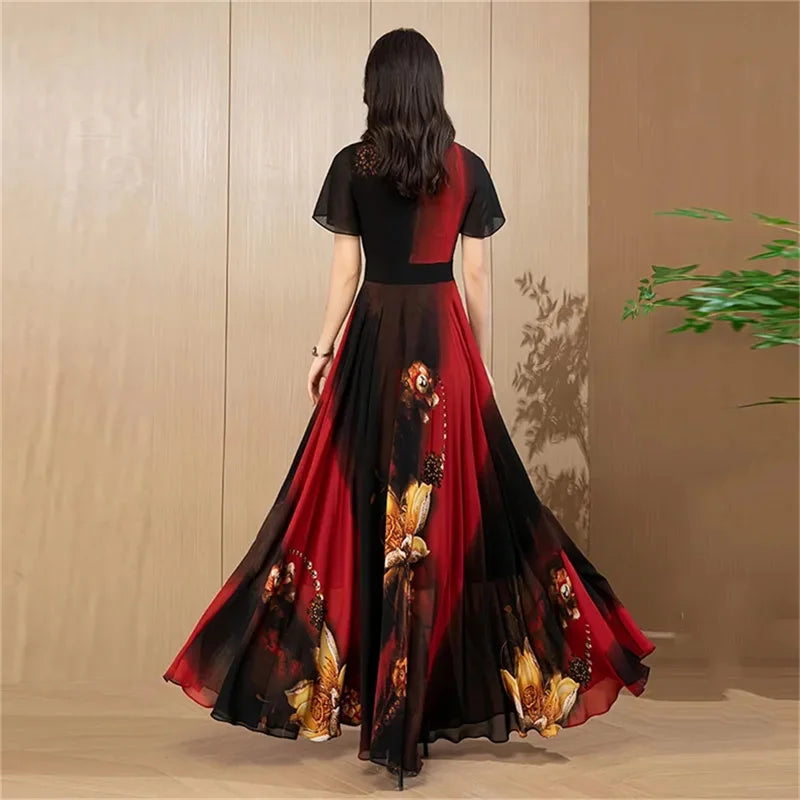 2026 New Chiffon Dress For Women Gentle Style Summer Covering The Belly Slimming Down Long Skirt Vp To The Ankle Big Swing Skirt