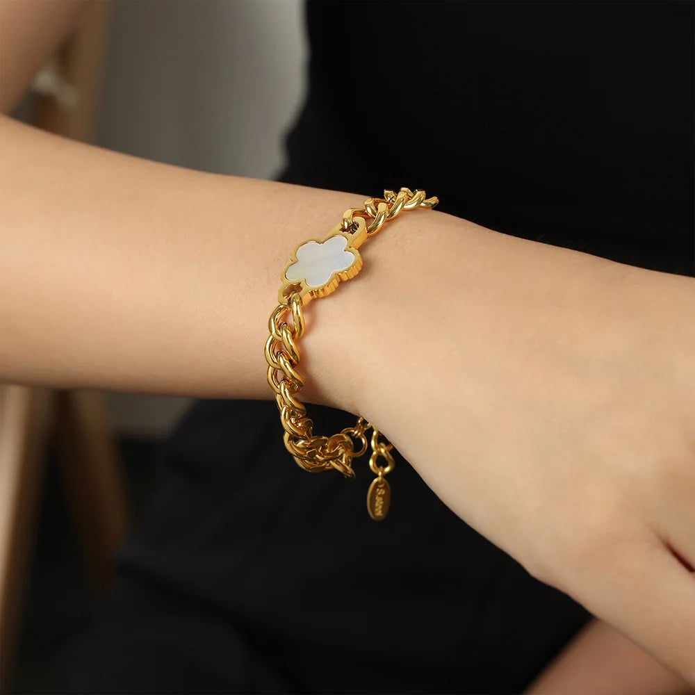Elegant Stainless Steel New Hip Hop Cuban Link Five Leaf Flower Set Shell Bracelet Necklace Women's Minimalist Chain Jewelry - JN Fashion Fusion