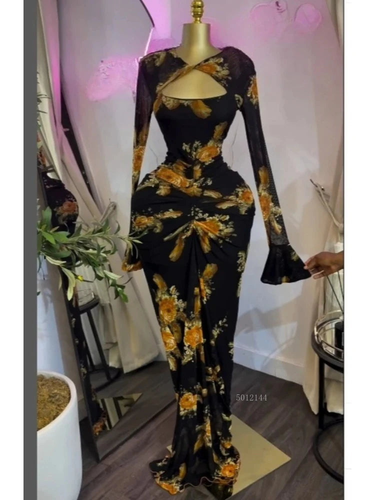 Sexy Women Floral Printed Wrap Neck Cutout Stacked Ruched Midi Bodycon Maxi Dress Sexy Parties Birthday Holiday Long Dresses - JN Fashion Fusion