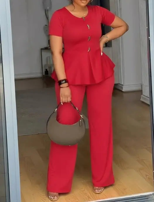Jumpsuit Women 2026 New Spring Toggle Button Decor Round Neck Peplum Waist Overalls Casual Zipper Back Wide Leg Jumpsuit