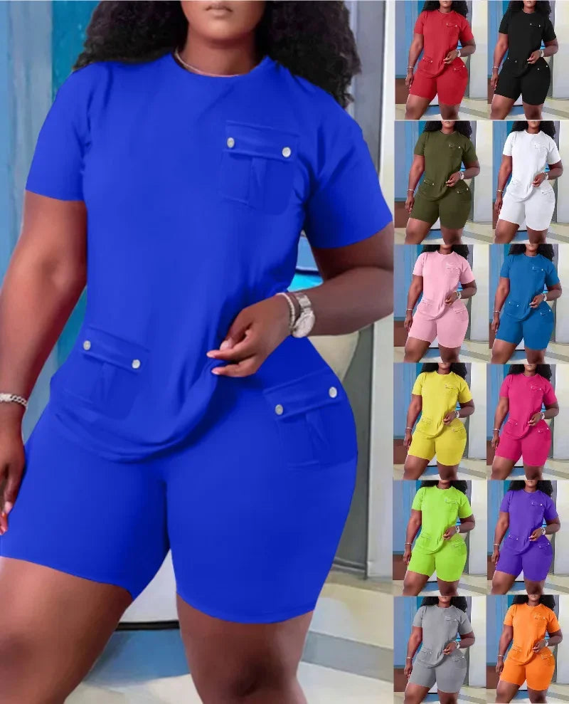 Women Two Piece Shorts Sets Solid Round Neck T Shirts Pockets Elastic Waist Short Trousers Suits Leisure Ladies 2025 Summer - JN Fashion Fusion