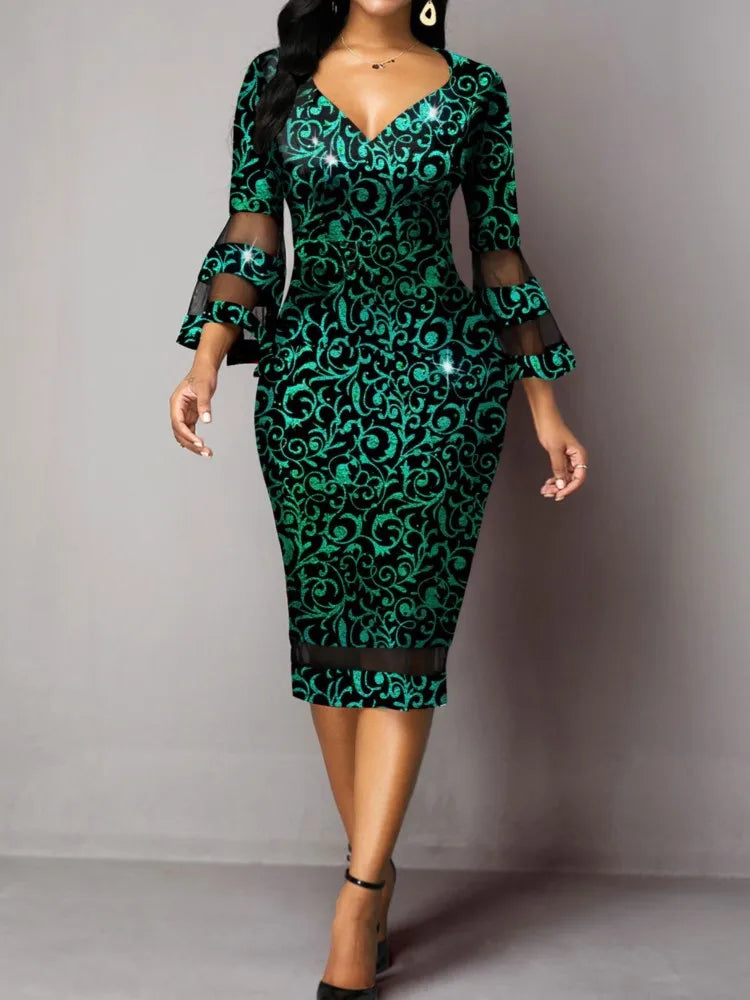 Lady Print Dress Fashion Sexy V Neck Nine Quarter Sheer High Waist Package Hip Dresses For Women Holiday Party Women's Clothing - JN Fashion Fusion