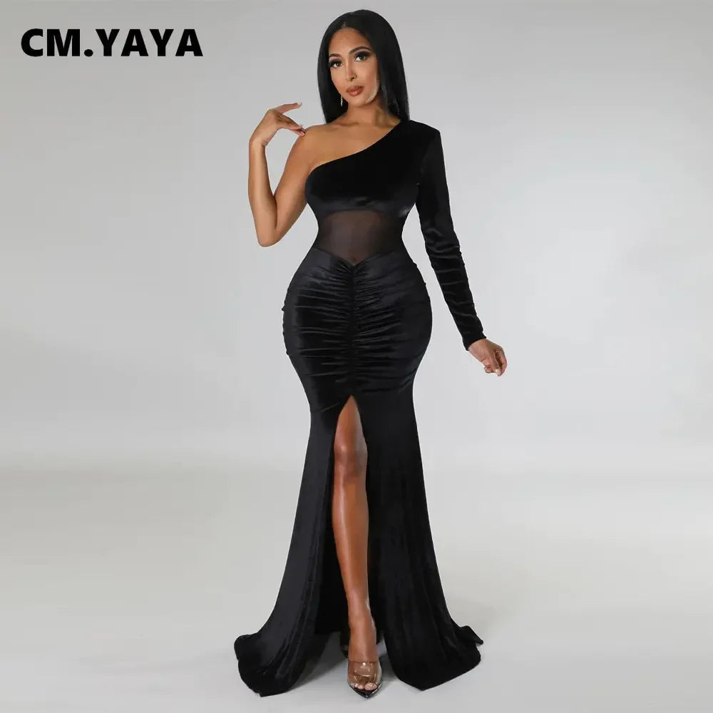 CM.YAYA Women Velvet Mesh Patchwork One Shoulder Long Sleeve High Slit Floor Length Mermaid Bodycon Midi Sexy Party Club Dresses - JN Fashion Fusion