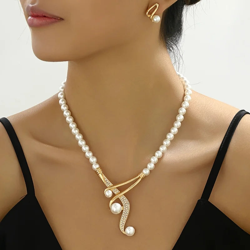 Fashion Geometric Pearl Earring Two Piece Necklace for Women Exquisite Birthday Party Jewelry Gifts - JN Fashion Fusion