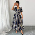 Women's Dresses Fashion Printed V-neck Short Sleeve Waist Wide Dress Summer New Stripe Belt Comfortable Elegant Party Dresses - JN Fashion Fusion