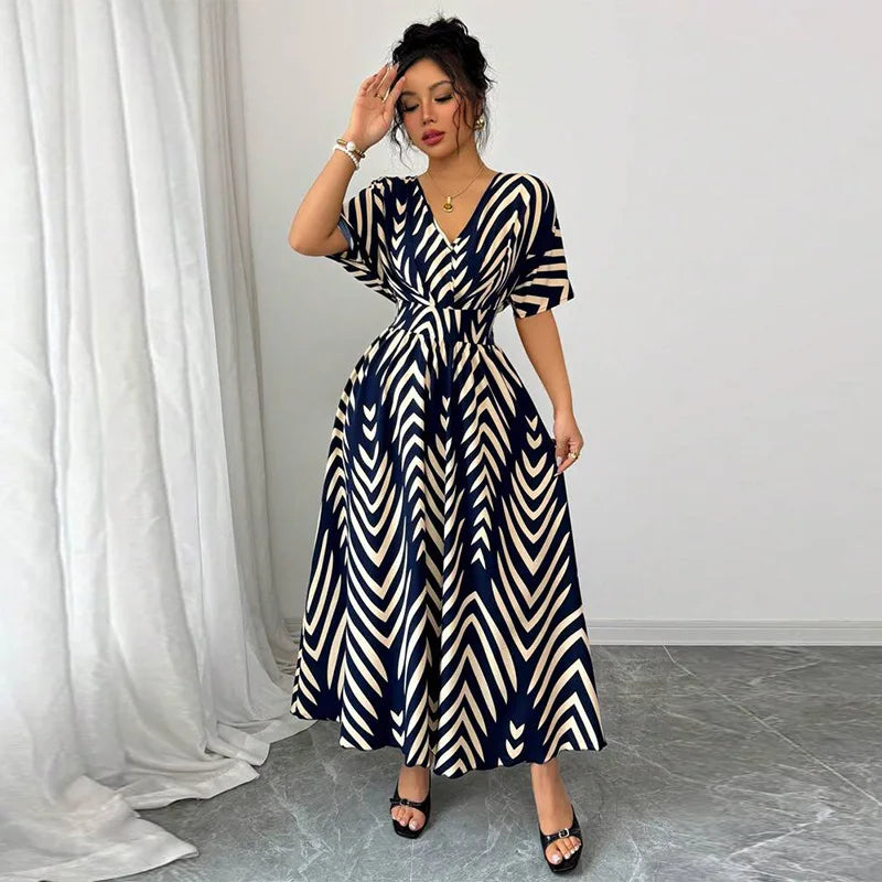 Women's Dresses Fashion Printed V-neck Short Sleeve Waist Wide Dress Summer New Stripe Belt Comfortable Elegant Party Dresses - JN Fashion Fusion