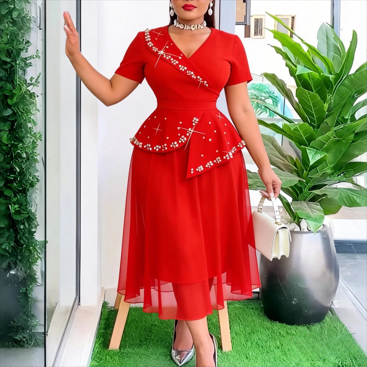 Red elegant women's A-line festival dress by JN Fashion Fusion with V-neck, short sleeves, beading, peplum, and mesh hem.