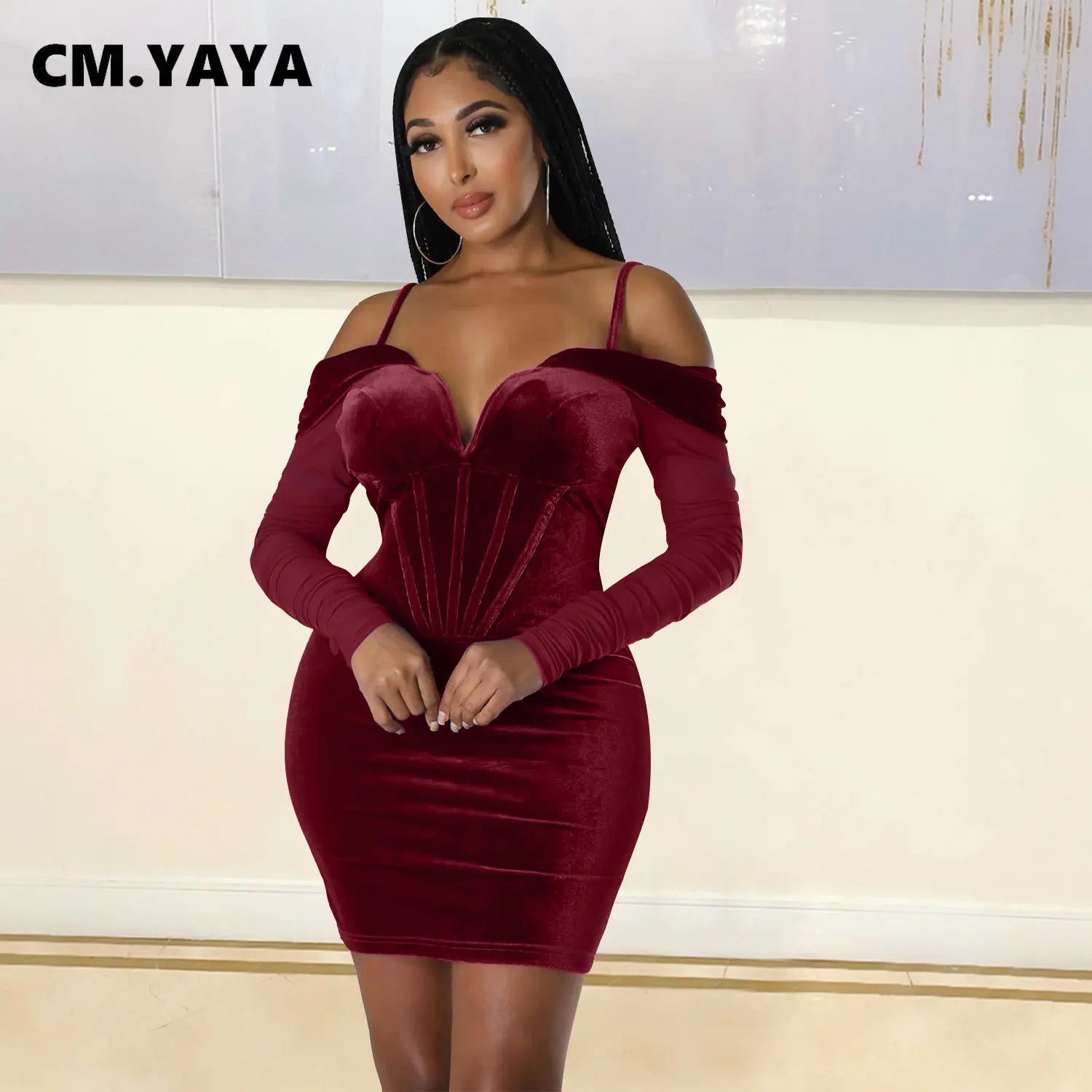 CM.YAYA Vintage Women Mesh Long Sleeve Patchwork Velvet Corset Spaghetti Strap Bodycon Midi Mini Dress 2022 Sexy Evening Dresses - JN Fashion Fusion