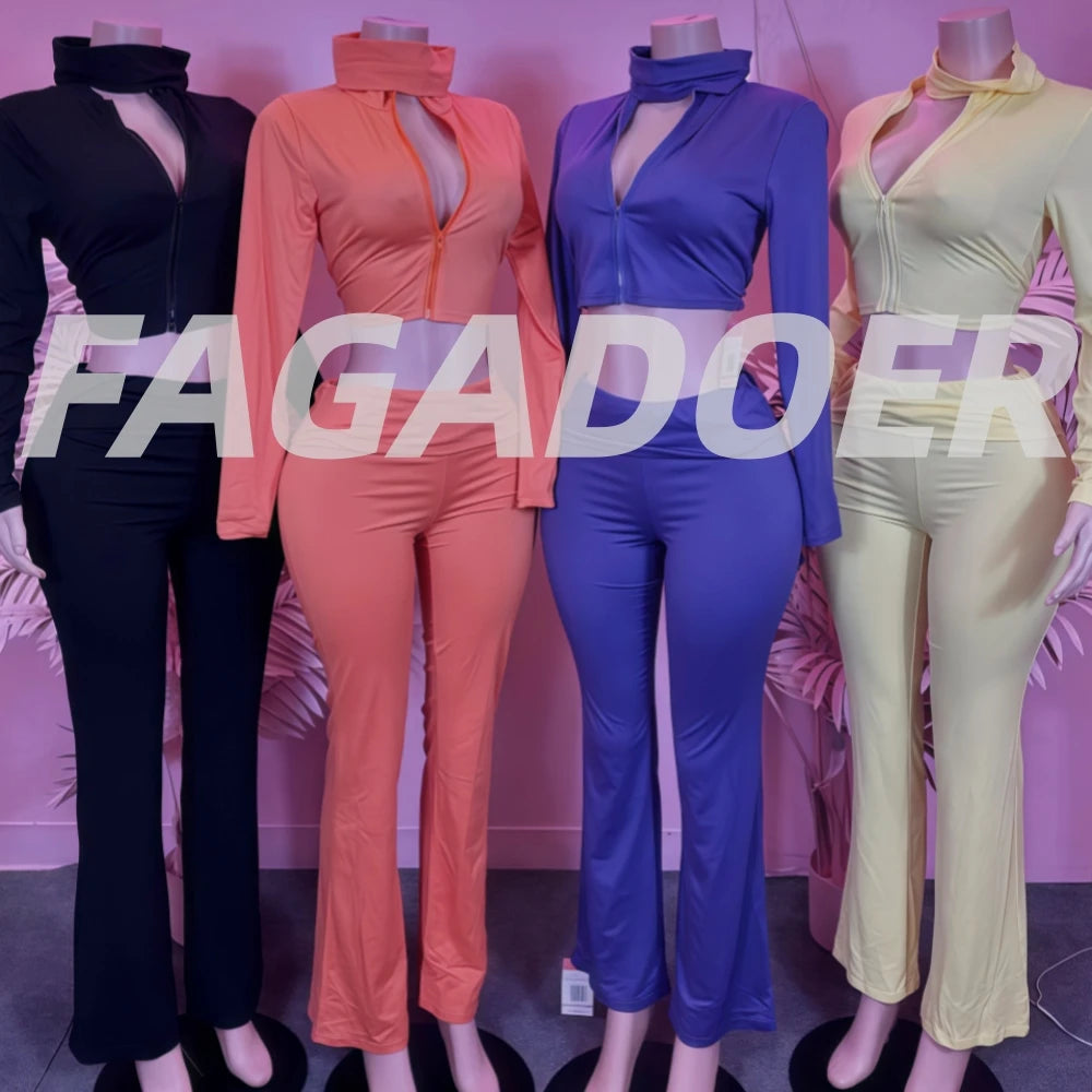 FAGADOER Casual Woman 3 Piece Set Outfit Solid Color Long Sleeves Crop Top + Flare Pants Matching Female Streetwear Clothing