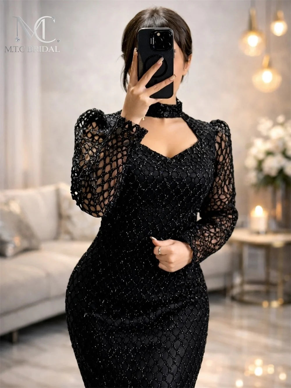 Black mermaid long sleeve evening dress by JN Fashion Fusion featuring glitter mesh, floor length, bodycon fit for special occasions.