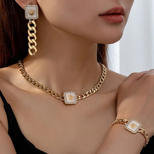 3PCS Vintage Gold Lion Head Jewelry Set for Women - Square Earring, Bracelet & Colorful Enamel Rhinestone Necklace - JN Fashion Fusion