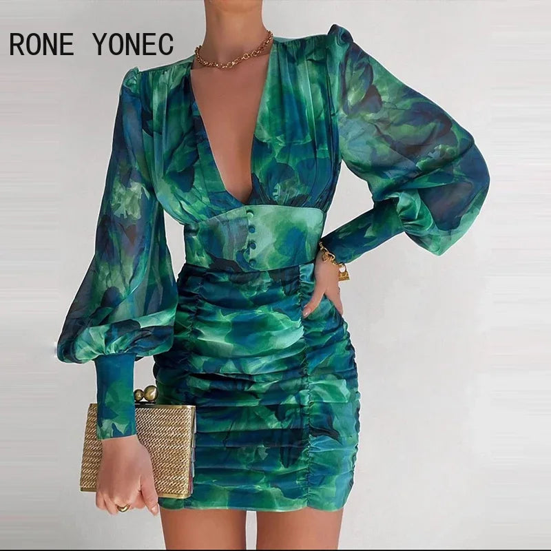 Women Chic Plunge Ruched Waistband Button Chiffon Puff Lantern Sleeve Abstract Mini Bodycon Print Dress - JN Fashion Fusion