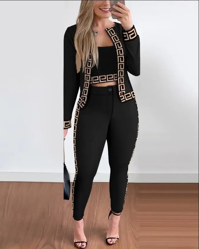 JN Fashion Fusion women's three-piece print pants set with long sleeve coat, camisole, and slim trousers for spring and autumn.