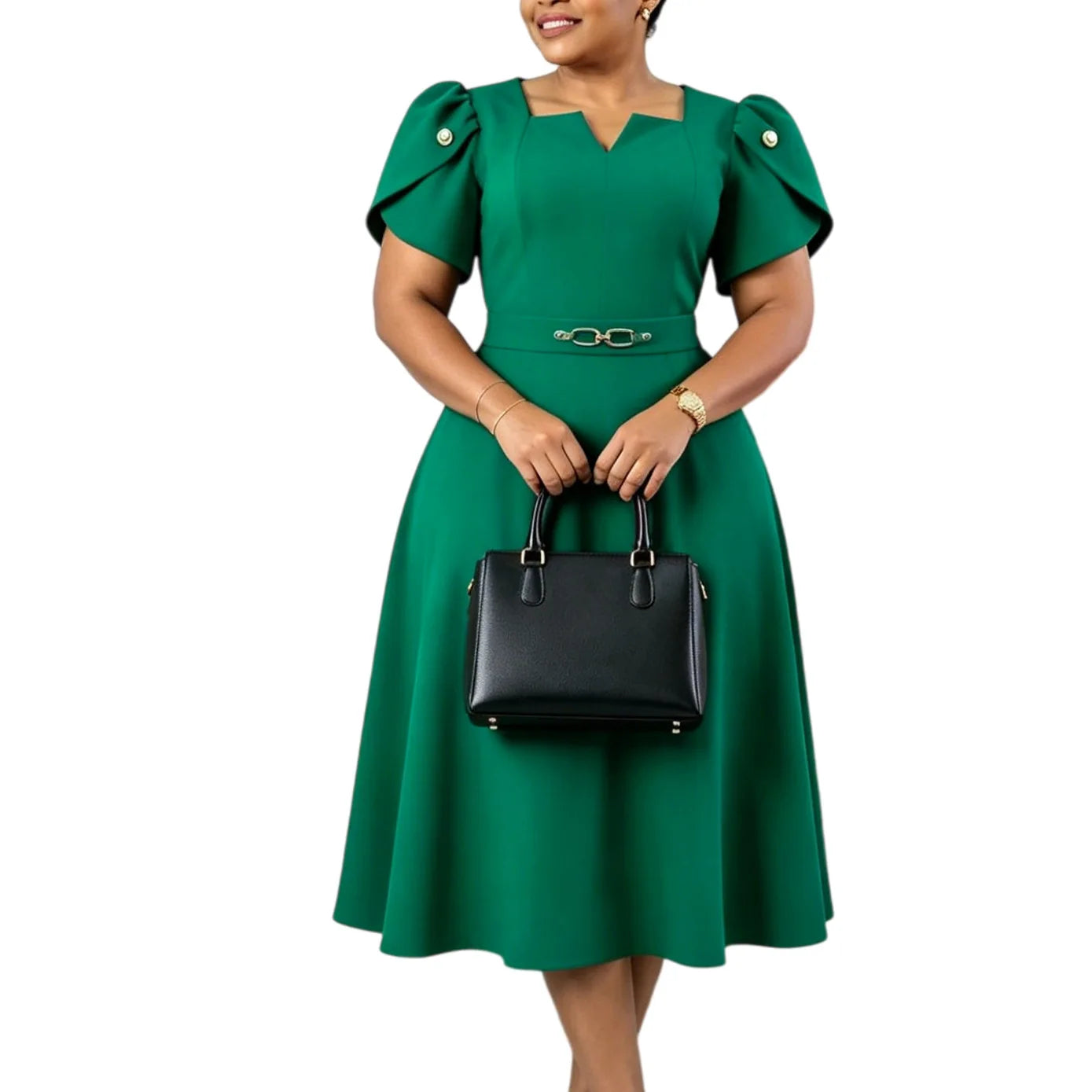 Women Summer Autumn Casual Plus Size Slim Office Ladies Dresses Retro Elegant V-Neck High Waist Short Sleeve Party Dress 2026