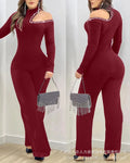 Women New Rhinestone Cold Shoulder High Neck Jumpsuit Long Sleeve Slim Fit Flared Jumpsuit - JN Fashion Fusion