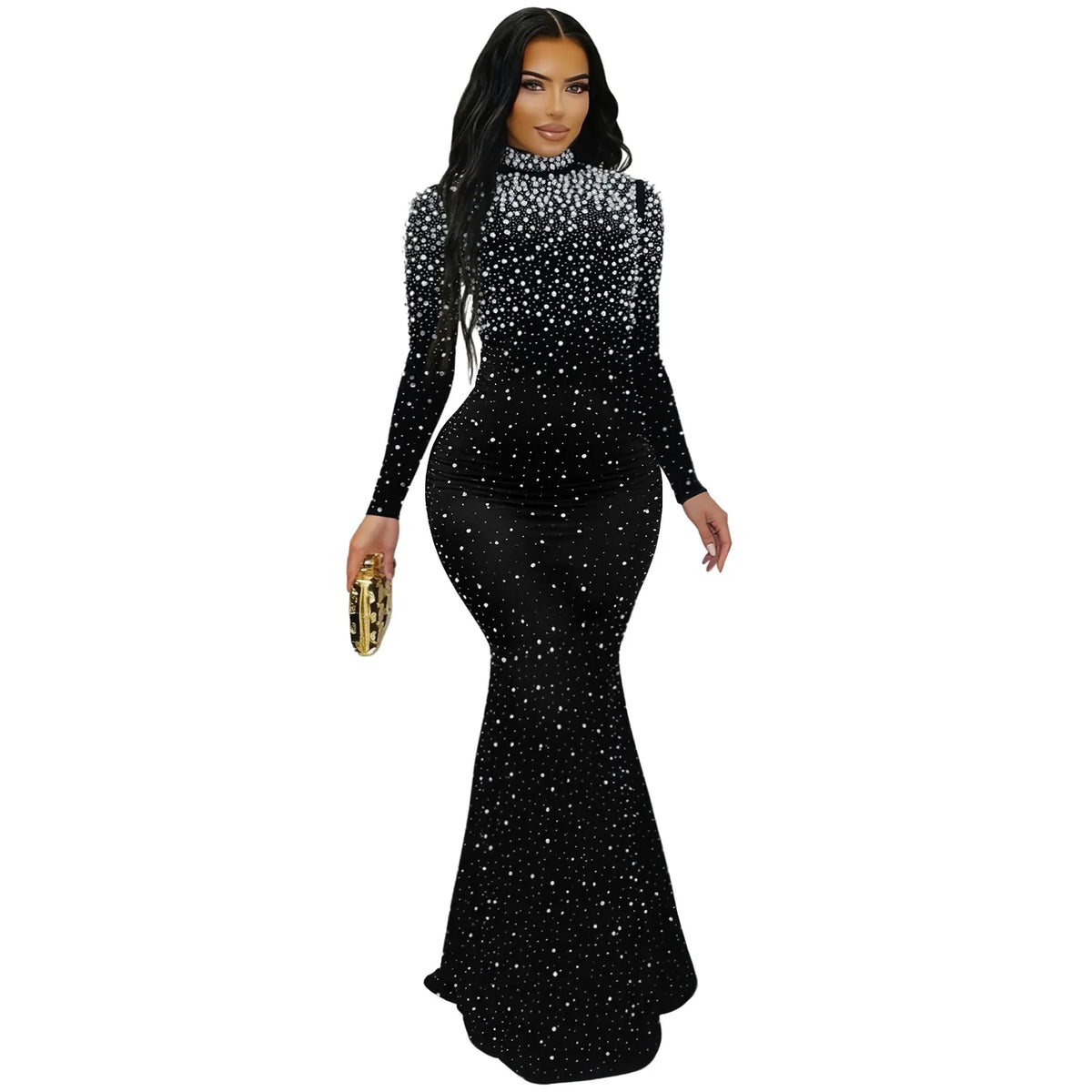 Elegant long women's dress by JN Fashion Fusion featuring beaded drilling, mock neck, full sleeves, and hip wrap for evening events.