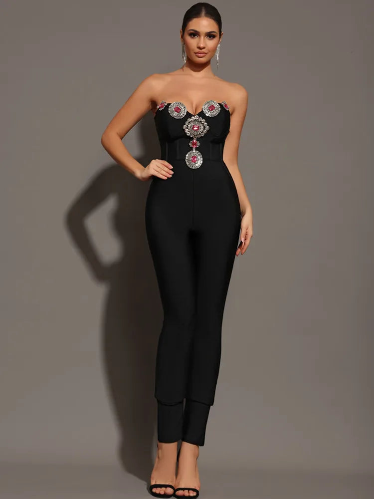 Women Summer Sexy Strapless Diamonds Beading Black Bodycon Bandage Jumpsuit 2024 Celebrity Designer High Street Rompers - JN Fashion Fusion