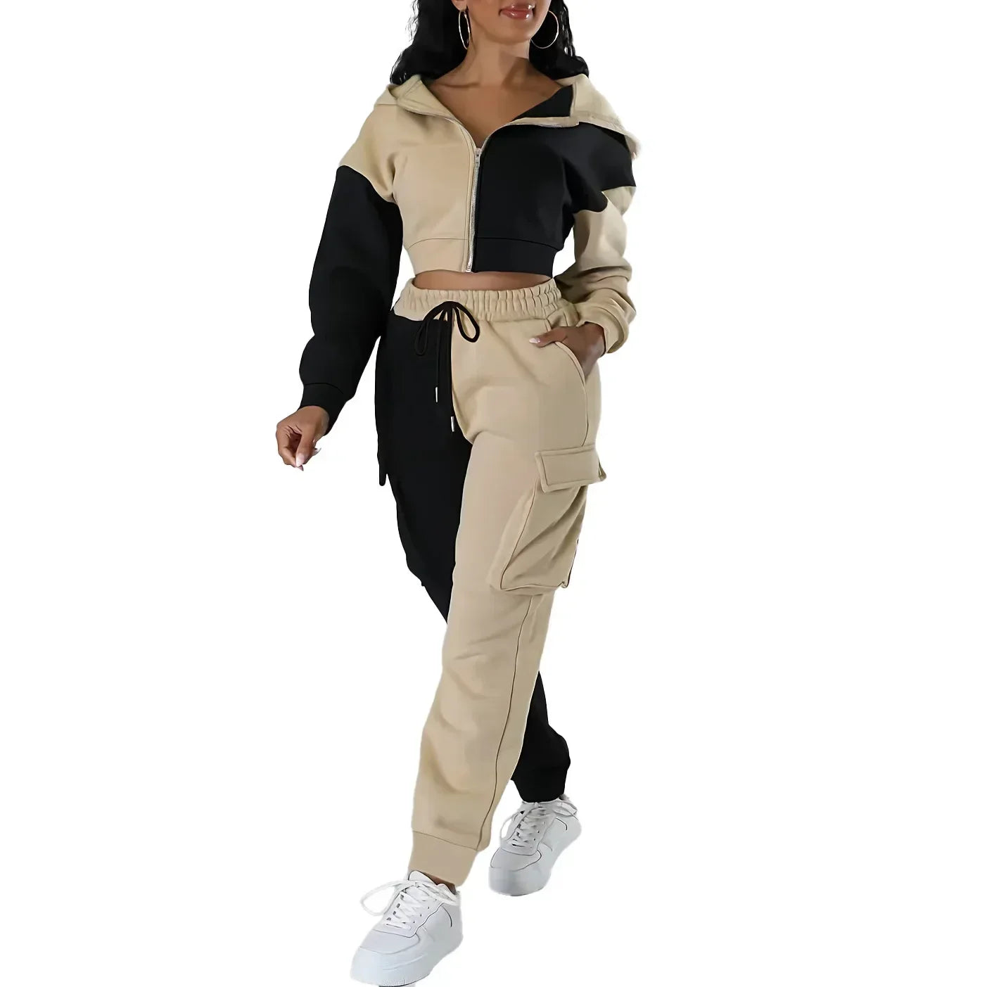 Women Loose Autumn Winter Two Pieces Suit Matching Sets Hoodie Tracksuit Blocked Zipper Short Outerwear Drawstring Cargo Pants - JN Fashion Fusion