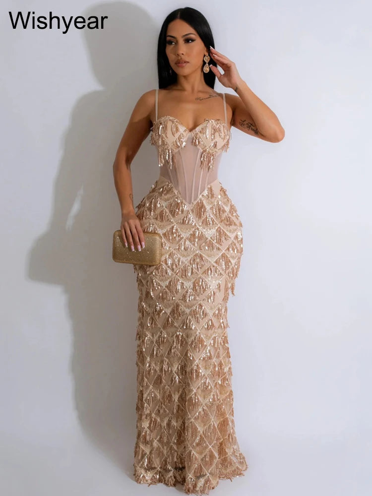 Wishyear Sexy Nightclub Birthday Even Party Dresses for Women Sequined Spaghetti Stap Mesh Patchwork Tunic Bodycon Maxi Vestidos - JN Fashion Fusion