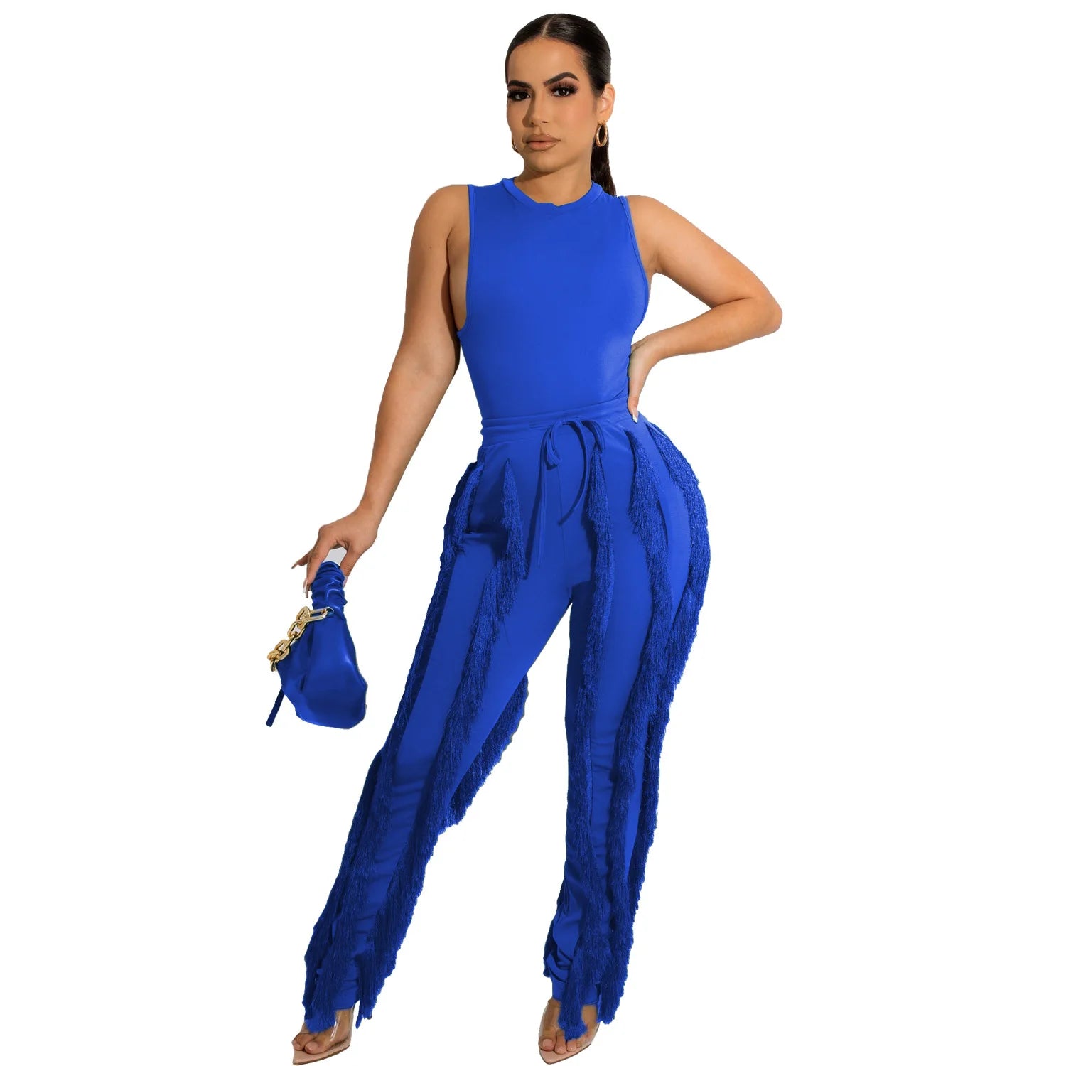 Elegant Women's Tracksuit Tank Top and Tassel Side Straight Pants Suit Streetwear 2026 INS Two 2 Piece Set Outfits - JN Fashion Fusion