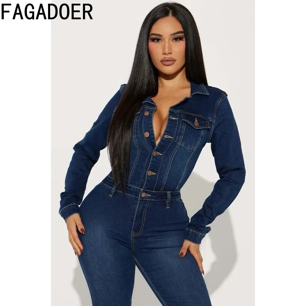FAGADOER Fashion Denim Elastic Flared Pants Jumpsuits Women Turndown Collar Button Long Sleeve Playsuits Female Cowboy Overalls - JN Fashion Fusion