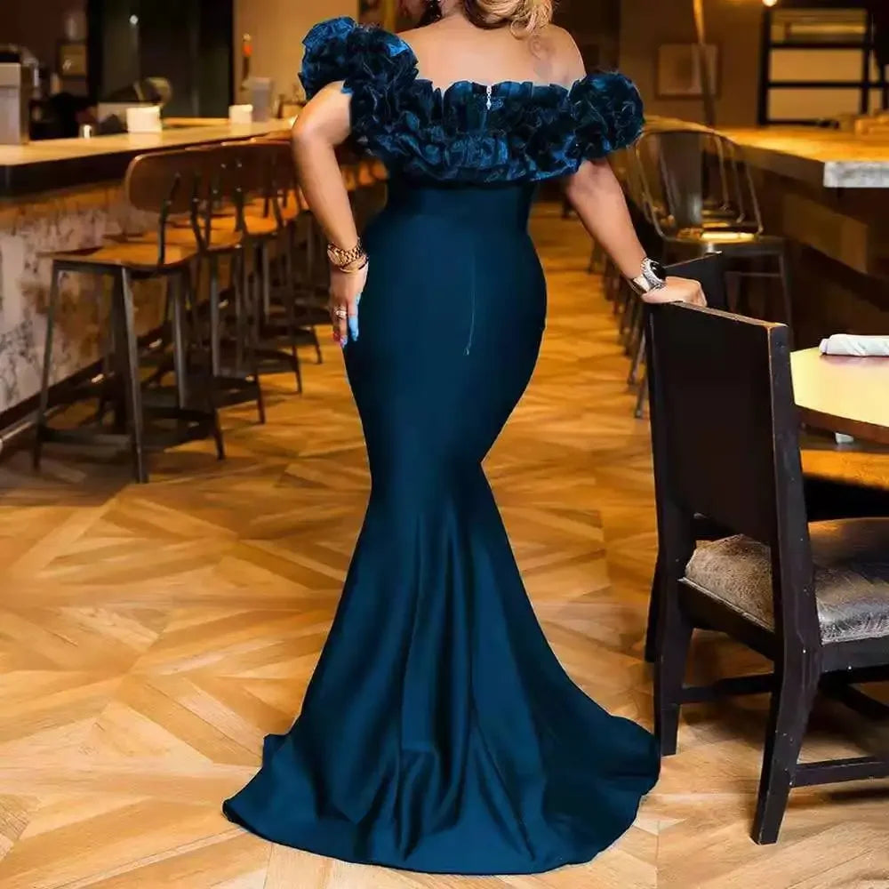 Elegant Evening Party Long Dresses Women Ruffles Off The Shoulder Slim Fit Mermaid Dress Solid Color - JN Fashion Fusion
