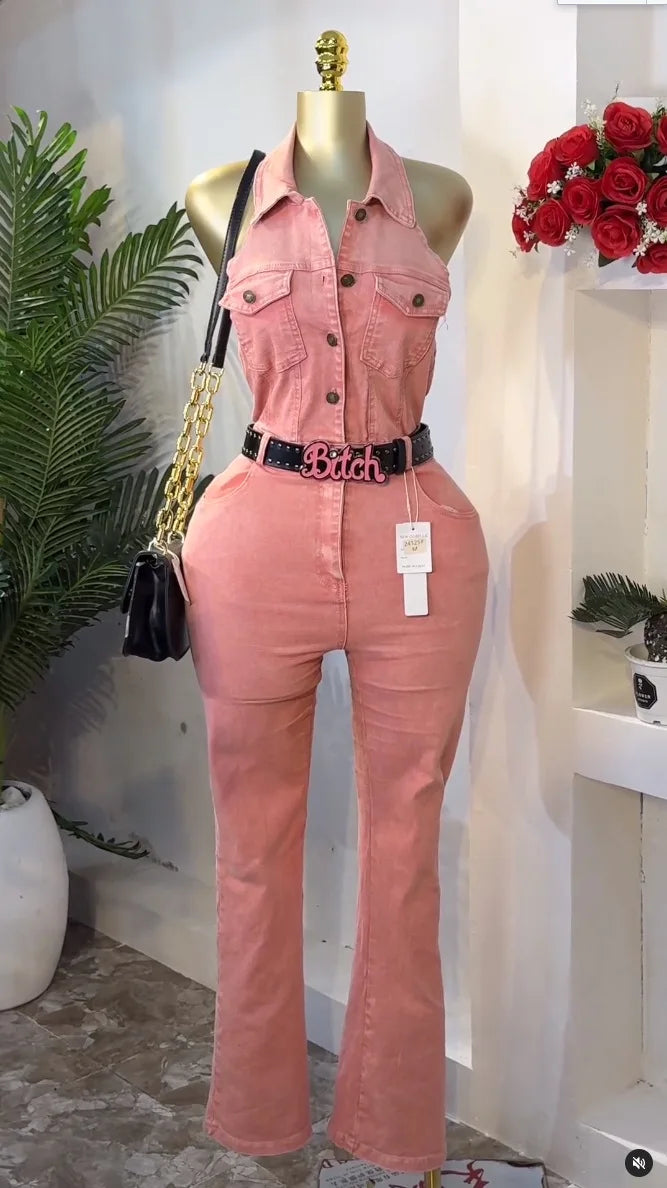 Demin Overalls Women One Piece Halter Jumpsuits Long Pants High Waist Rompers Y2k Streetwear Party C;ub Slim Fit 2025 Summer - JN Fashion Fusion