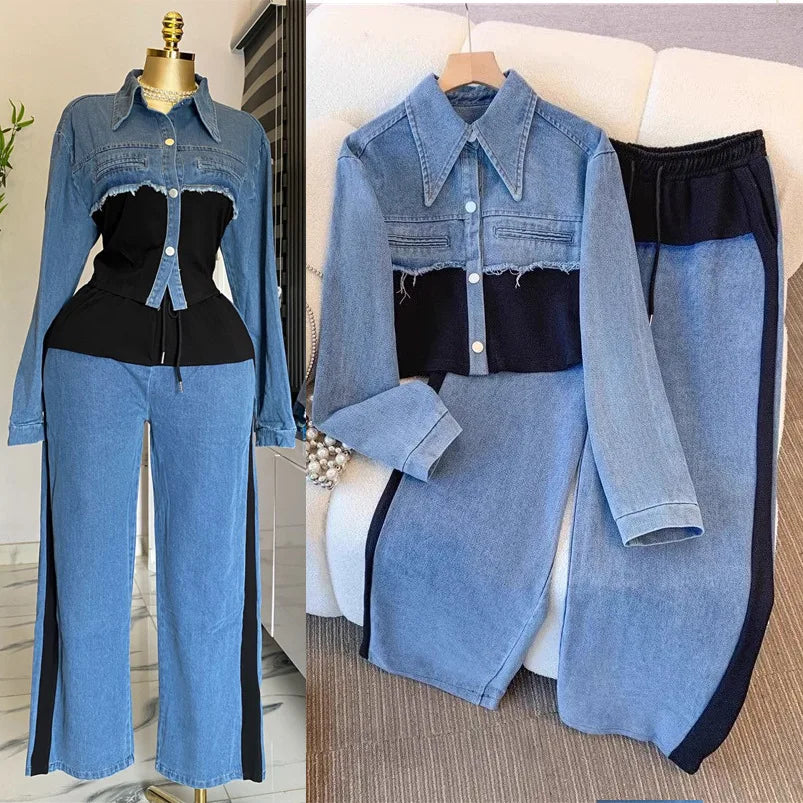 Two Piece Sets Women Pant Set Denim Splice Matching Sets Spring Top Wide Leg Long Pants Casual Loose Lace Up High Waist Jogger - JN Fashion Fusion