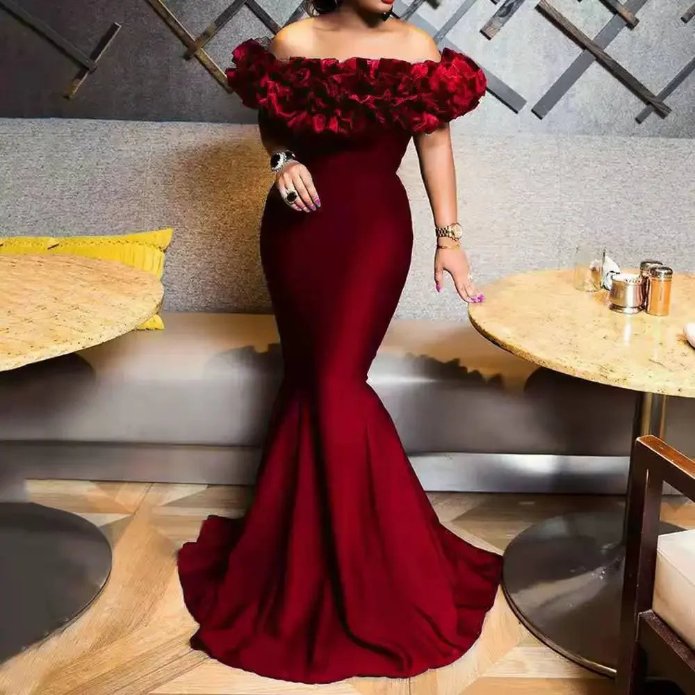 Elegant Evening Party Long Dresses Women Ruffles Off The Shoulder Slim Fit Mermaid Dress Solid Color - JN Fashion Fusion