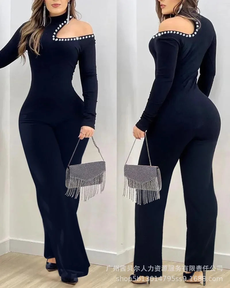 Women New Rhinestone Cold Shoulder High Neck Jumpsuit Long Sleeve Slim Fit Flared Jumpsuit - JN Fashion Fusion