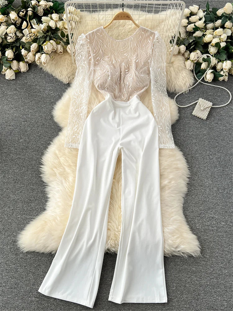 SINGREINY Autumn Sexy Jumpsuits Women Fashion Office Temperament O Neck Long Sleeves Lace Embroidered Backless Long Rompers - JN Fashion Fusion