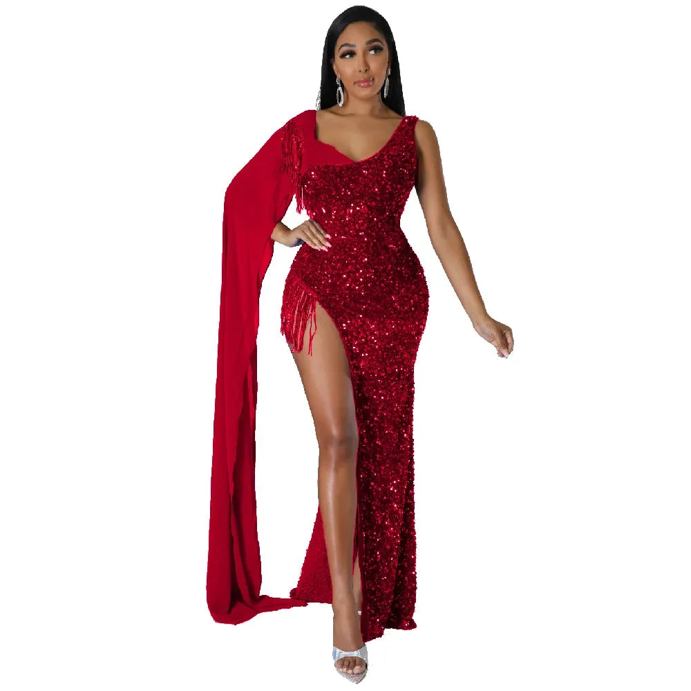 Fashionable Long Skirt Evening Dress Sexy Hip-hugging Glittering Fringed Sleeveless Birthday Party Dress For Women