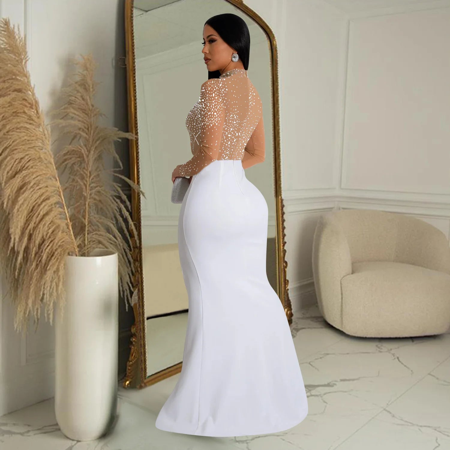 HBLL Sexy Mesh Patchwork Skinny Maxi Dress Women Rhinestone Long Sleeve See Through Bodycon Birthday Clubwear Celebrity Dress - JN Fashion Fusion
