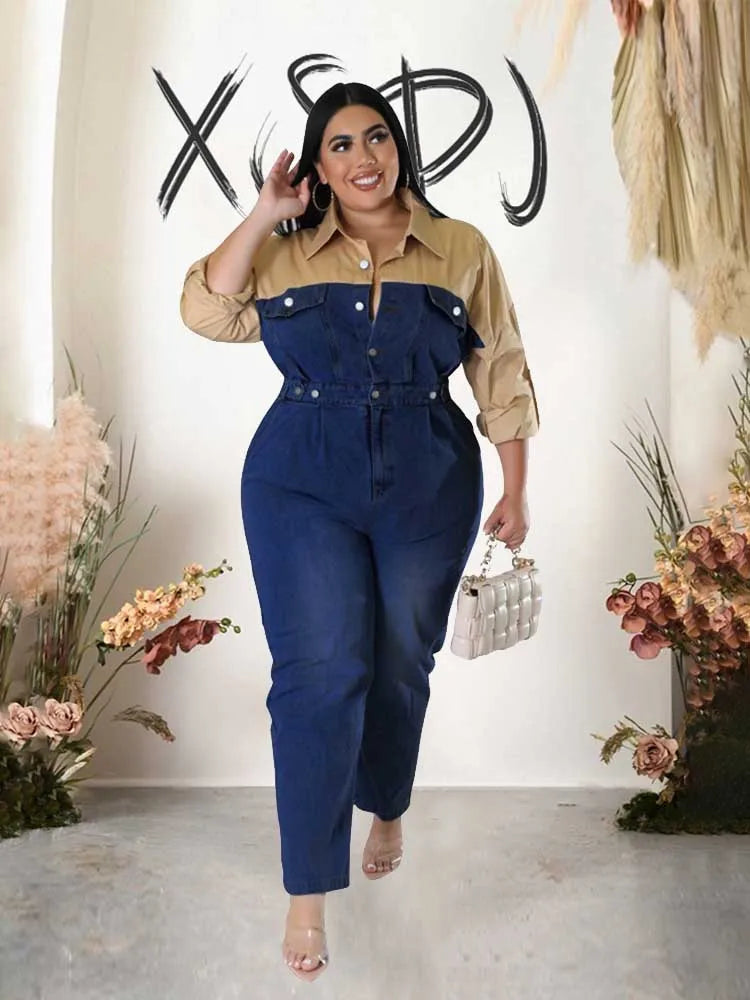 Casual Elegant Womens Jumpsuits with Jeans Autumn Winter Long Sleeve One Piece Outifts Cotton and Denim Jumpsuit Plus Size Lady - JN Fashion Fusion