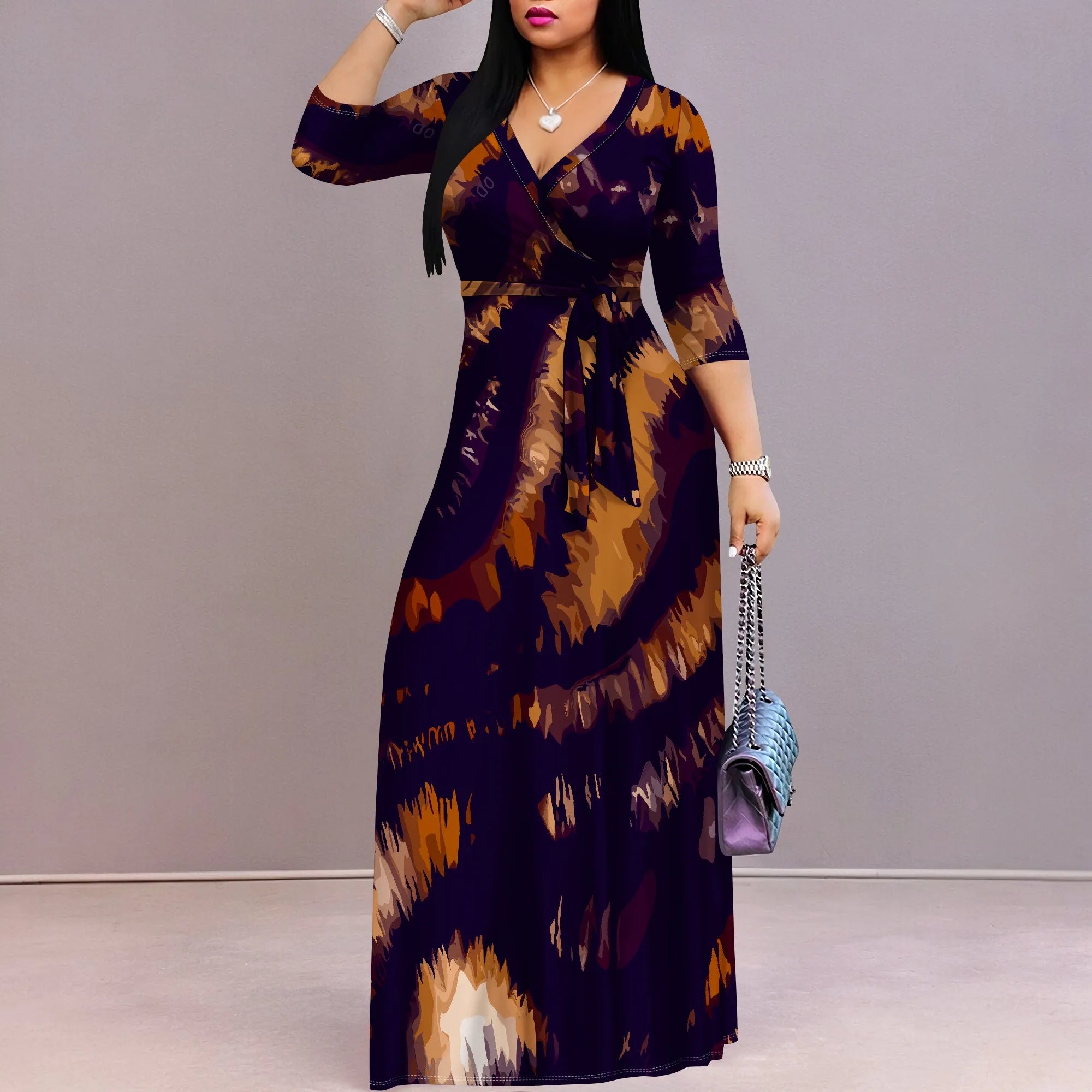 Casual Printed Maxi Dress Women Hawaii Vacation V Neck 3/4 Sleeve Loose Fit Long Dress