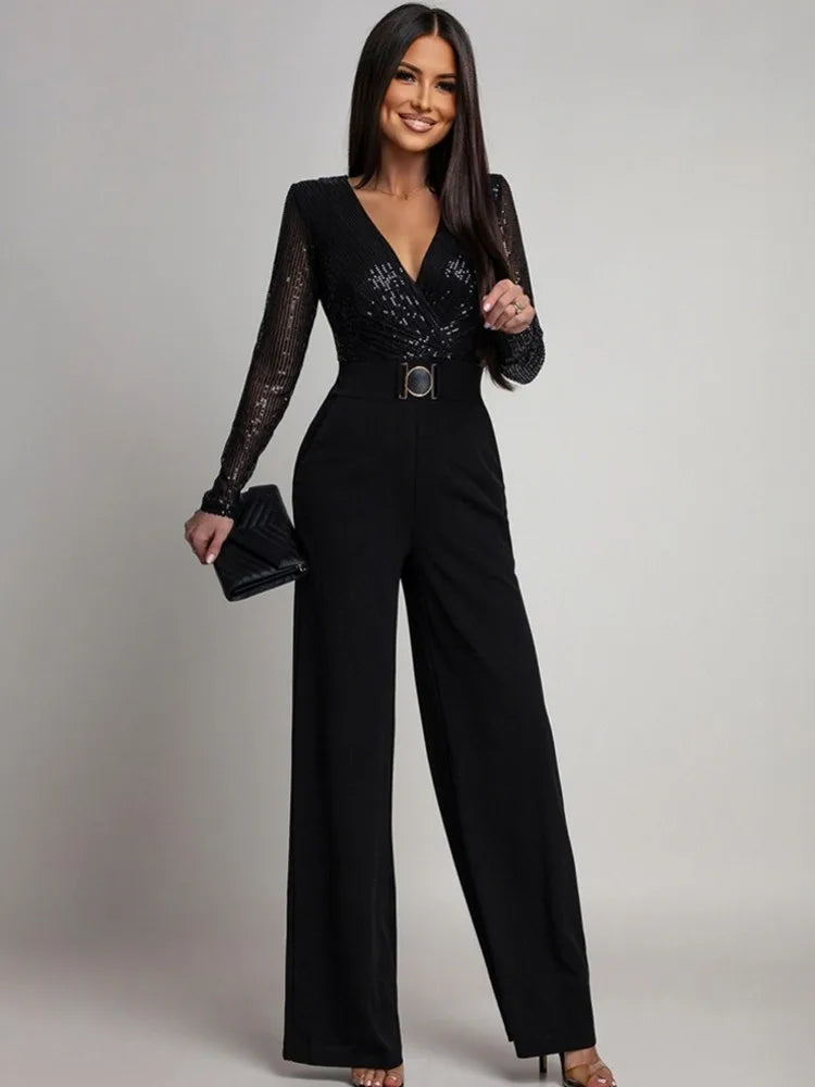 Solid Women Jumpsuits For Spring Summer Long Sleeve V-Neck Balck Jumpsuits Fashion Streetwear Overalls Pants Trousers 2026 - JN Fashion Fusion
