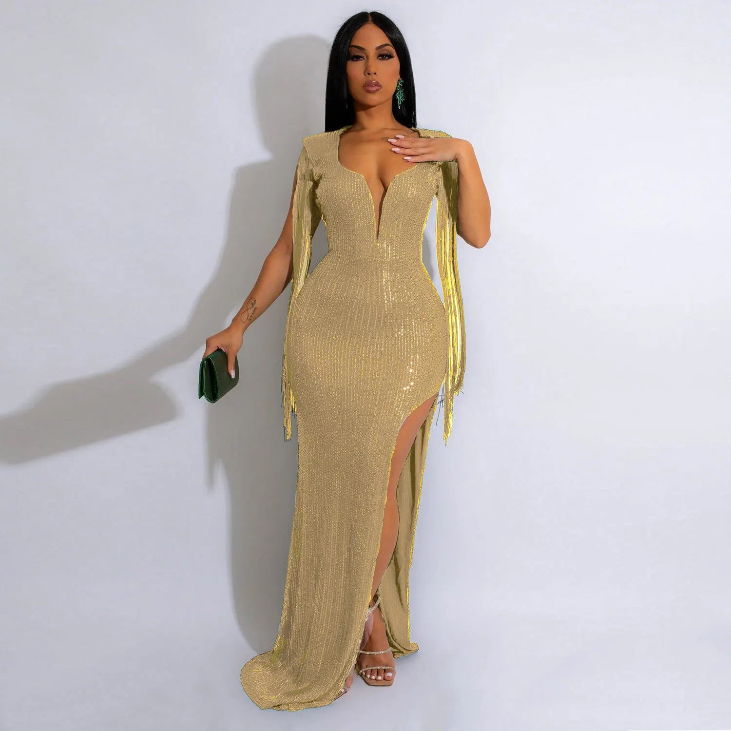 CM.YAYA Women Sequined Tassel Sleeve High Side Slit Midi Maxi Long Dress Autumn Winter Sexy Prom Party Evening Bodycon Dresses - JN Fashion Fusion
