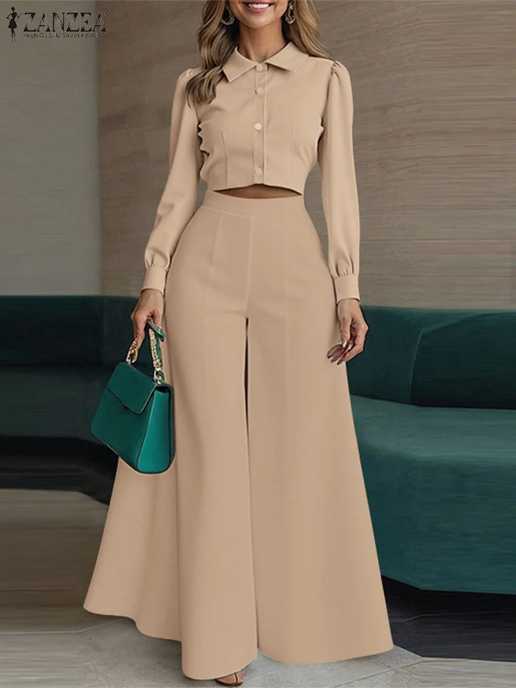 ZANZEA Women Stylish 2 Pieces Pant Sets Long Sleeve Collared Short Shirt & Wide Leg Pant 2pcs Suits Elegant Chic Sets Outfits - JN Fashion Fusion