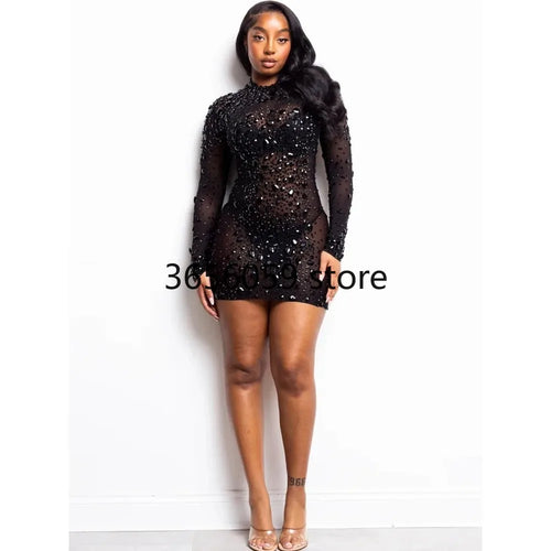 2026 New Sexy Black Diamonds Bodycon Mini Dress Women Celebrity Elegant Long Sleeve Evening Club Party Luxury Birthday Dress - JN Fashion Fusion